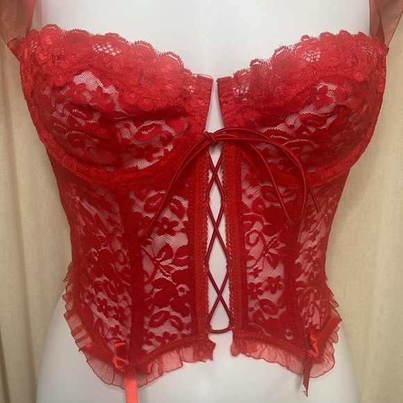 NEW! RED LINGERIE CORSET WITH RIBBONS SIZE SMALL - Picture 3 of 9
